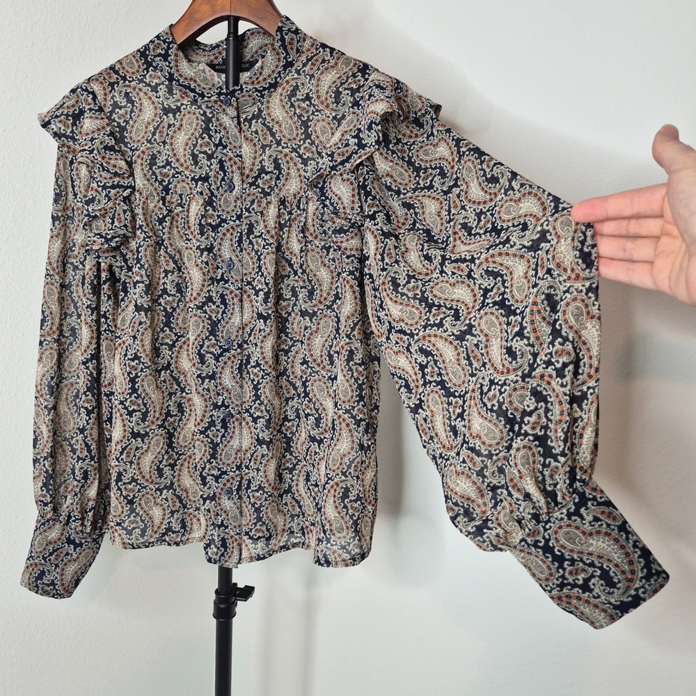 Banana Republic Bohemian Small Navy Orange Paisley Ruffle Chiffon Blouse Top S